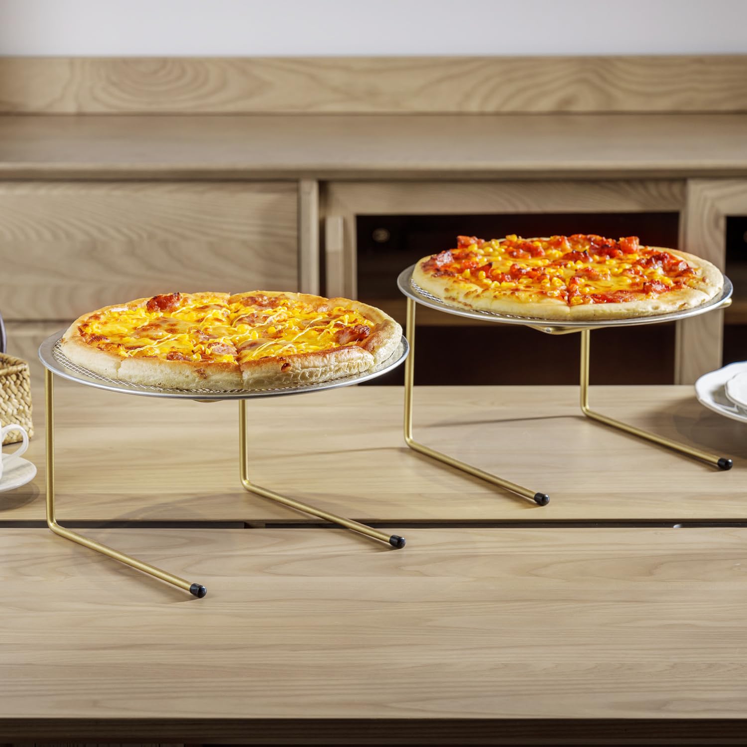 MyGift Brass Metal Pizza Table Stands, Tabletop Pizza Pan Riser Food Platter Tray and Display Rack, Set of 4